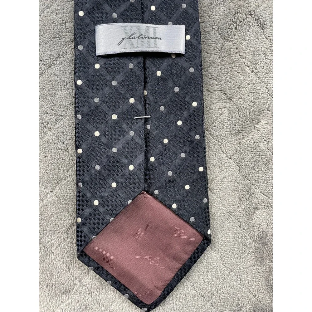 XMI Platinum Men Silk Tie Navy Blue Polka Dot Geometric Basketweave Handmade USA